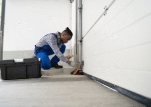 man installing garage door